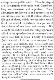 News article in Herald of Freedom & Torch Light, 1853 - "A Telegraph to Chambersburg"