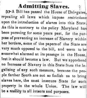 Notice in Herald of Freedom, 1850 - "Admitting Slaves."