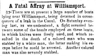 News article in Herald of Freedom & Torch Light, 1853 - "A Fatal Affray at Williamsport"