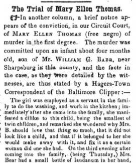 News article in Herald of Freedom & Torch Light, 1853 - "The Trial of Mary Ellen Thomas"