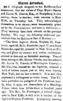 Ad in Herald of Freedom & Torch Light, 1854 - "Slaves Arrested."