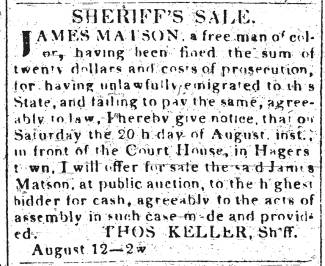 News ad in Hagerstown Mail, 1842 - "Sheriff's Sale"