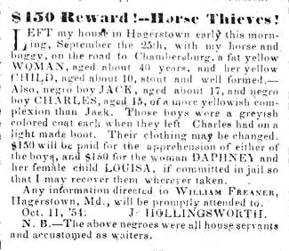 Ad in Herald of Freedom & Torch Light, 1854 - "$150 REWARD! -Horse Thieves!" by J. Hollinsworth