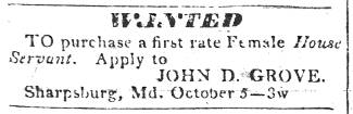 News ad in Hagerstown Mail, 1832 - "Wanted" Female House Servant