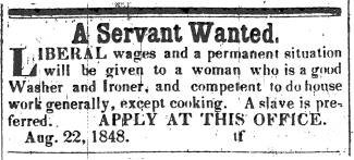 News ad in Herald of Freedom, 1848 - "A Servant Wanted"