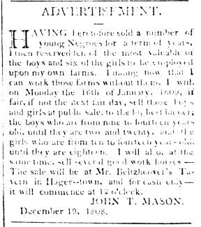 Ad in Maryland Herald and Hagerstown Advertiser, 1808 - "ADVERTISEMENT." 