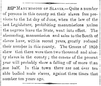 Notice in Herald of Freedom & Torch Light, 1860 - "Manumission of Slaves."