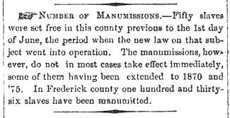 Notice in Herald & Torch Light, 1860 - "Number of Manumissions."