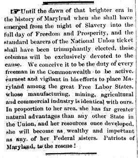 Notice in Herald & Torch Light, 1864 - A call for Patriots of Maryland