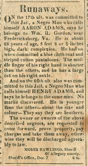 Ad in The Advocate, Cumberland, 1833 - "Runaways." MOSES RAWLINGS, Sheriff Of Allegany county