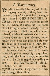 Ad in The Advocate, Cumberland, 1833 - "A Runaway." CHRISTOPHER ATERS by M. RAWLINGS, Sh'ff