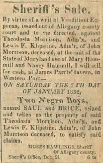 Ad in The Advocate, Cumberland, 1831 - "Sheriff's Sale."