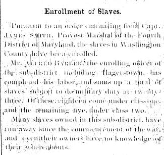 Notice in Herald & Torch Light, 1864 - "Enrollment of Slaves."