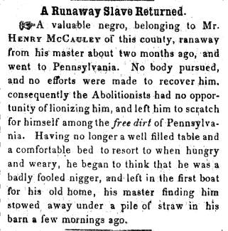 Ad in Herald of Freedom & Torch Light, 1855 - "A Runaway Slave Returned." 