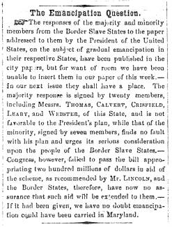 Notice in Herald & Torch Light, 1862 - "The Emancipation Question."