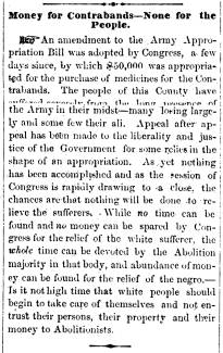 Notice in Maryland Free Press, 1863 - "Money for Contrabands - None for the People."