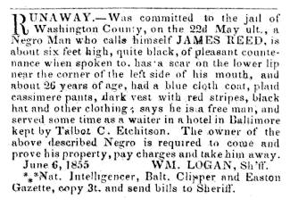 Ad in Herald of Freedom & Torch Light, 1855 - "Runaway." by WM. LOGAN Sh'ff