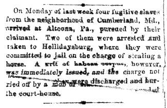 Notice in Hagerstown Mail, 1862 - about fugitive slaves from Cumberland, MD 
