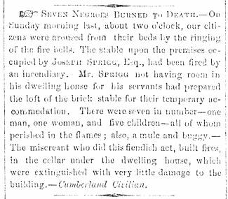 News article in Herald of Freedom & Torch Light, 1863 - "Seven Negroes Burned to Death."