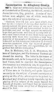 Notice in Herald of Freedom & Torch Light, 1863 - "Emancipation in Alleghany County."