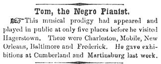 News article in Herald of Freedom & Torch Light, 1860 - "Tom, The Negro Pianist."