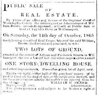 Notice in Herald & Torch Light, 1865 - "Public Sale of Real Estate."