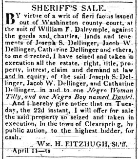 Ad in Hagerstown Mail, 1834 - "Sheriff's Sale."
