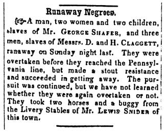 Ad in Herald of Freedom & Torch Light, 1856 - "Runaway Negroes."