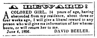 Ad in Herald of Freedom & Torch Light, 1856 - "A REWARD!" by David Beeler