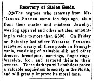 Ad in Herald of Freedom & Torch Light, 1856 - "Recovery of Stole Goods."