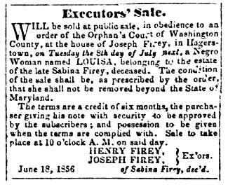 Ad in Herald of Freedom & Torch Light, 1856 - "Executors' Sale."