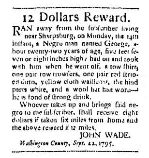 Ad in Washington Spy, 1795 - "12 Dollars Reward." by John Wade