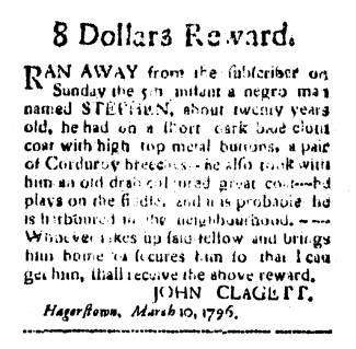 Ad in Washington Spy, 1796 - "8 Dollars Reward." by John Clagett