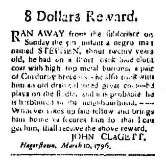 Ad in Washington Spy, 1796 - "8 Dollars Reward." by John Clagett