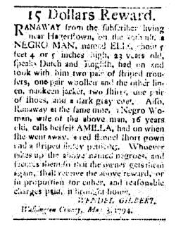 Ad in Washington Spy, 1794 - "15 Dollars Reward." by Wendel Gilbert