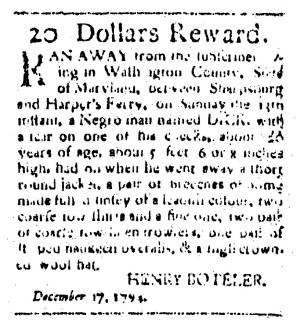 Ad in Washington Spy, 1794 - "20 Dollars Reward." - Henry Boteler