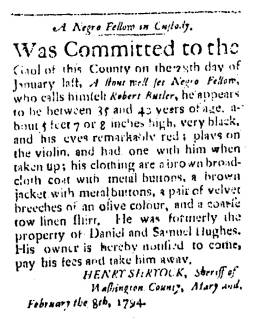 Ad in Washington Spy, 1794 - "A Negro Fellow in Custody." Henry Shryock, Sheriff Wash. Co. Md.
