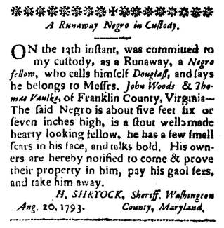 Ad in Washington Spy, 1793 - "A Runaway in Custody." (Douglass) by HENRY SHRYOCK, Sheriff of Washington Co