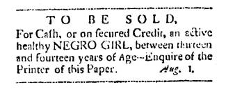 Ad in Washington Spy, 1792 - "To Be Sold."