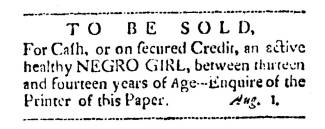 Ad in Washington Spy, 1792 - "To Be Sold."