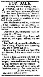 Ad in Washington Spy, 1794 - "For Sale" The following valuable Property, ---Viz