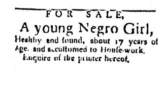 Ad in Washington Spy, 1793 - "For Sale, A young Negro Girl,"