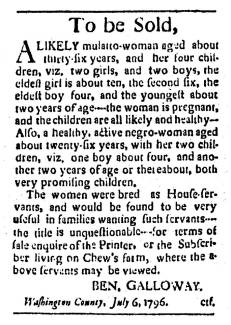 Ad in Washington Spy, 1796 - "To be Sold," A LIKELY mulatto woman