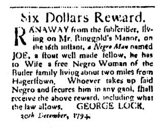 Ad in Washington Spy, 1794 - "Six Dollars Reward." by George Lock