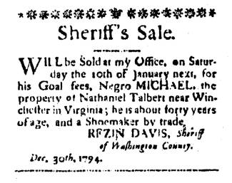 Ad in Washington Spy, 1794 - "Sheriff's Sale."