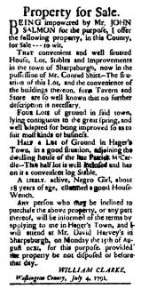 Ad in Washington Spy, 1791 - "Property for Sale."