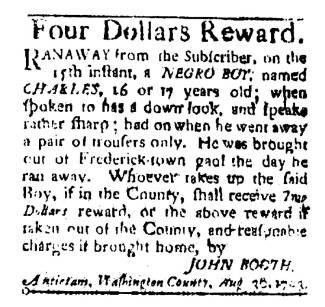 Ad in Washington Spy, 1793 - "Four Dollars Reward." by John Booth