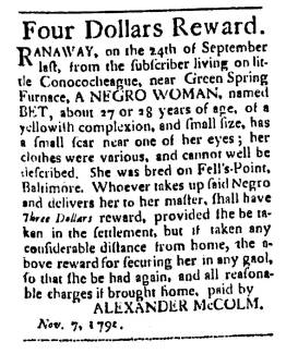 Ad in Washington Spy, 1792 - "Four Dollars Reward." by ALEXANDER McCOLM