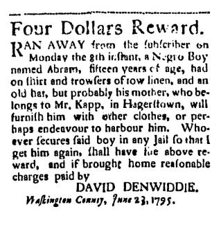 Ad in Washington Spy, 1795 - "Four Dollars Reward." by David Denwiddie