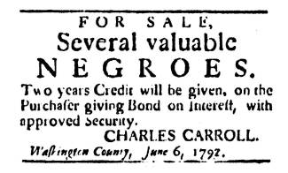 Ad in Washington Spy, 1792 - "For Sale, Several valuable NEGROES."